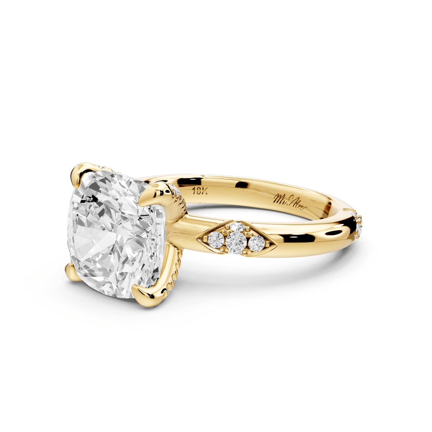 Luna - 4ct 18k yellow gold cushion Diamond Crown with Flush - Set Diamond Clusters Engagement Ring - Mr. Alex Jewelry