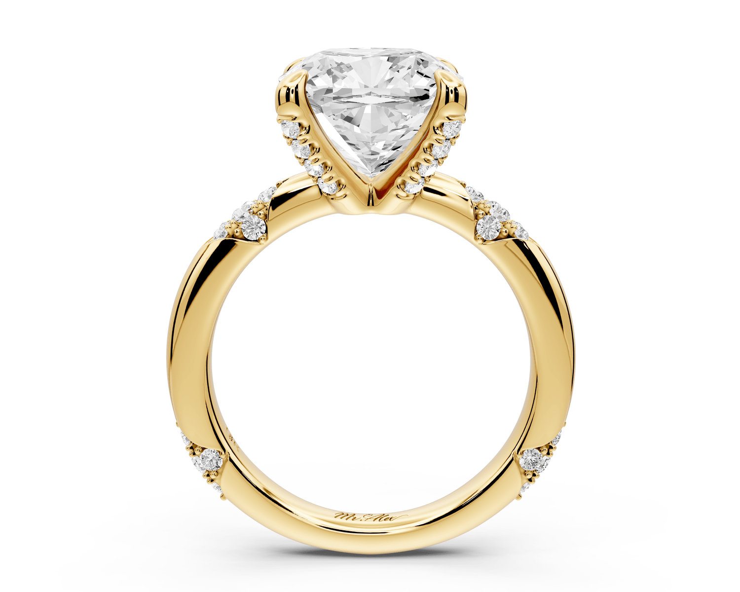 Luna - 4ct 18k yellow gold cushion Diamond Crown with Flush - Set Diamond Clusters Engagement Ring - Mr. Alex Jewelry