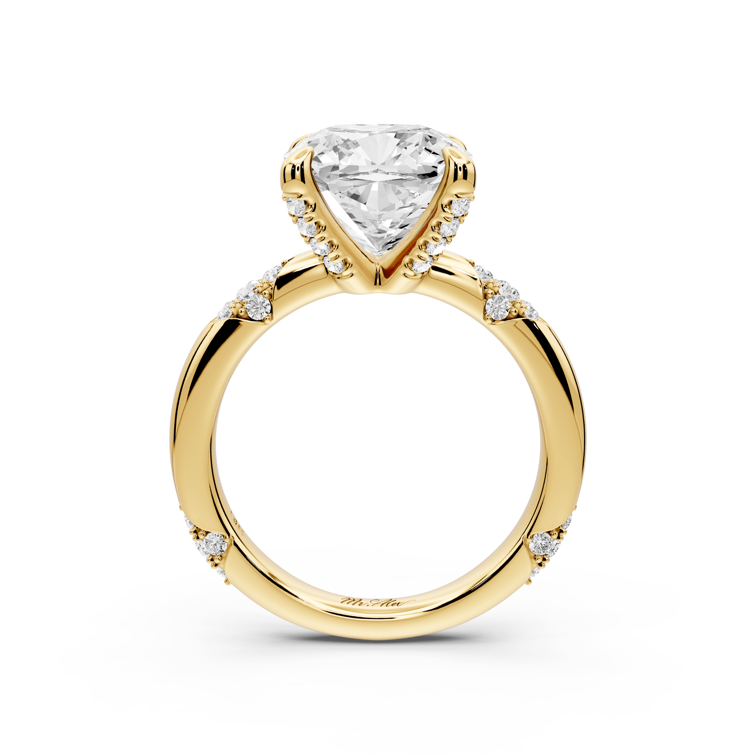 Luna - 4ct 18k yellow gold cushion Diamond Crown with Flush - Set Diamond Clusters Engagement Ring - Mr. Alex Jewelry
