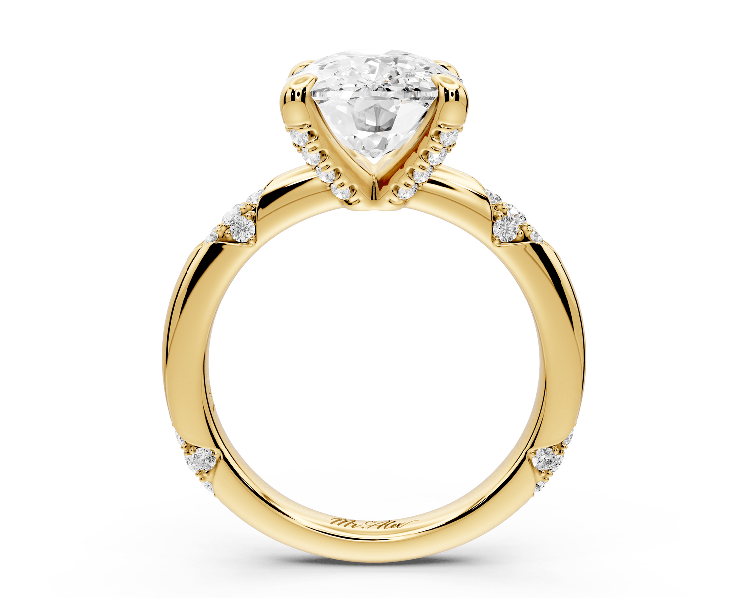 Luna - 4ct 18k yellow gold ecushion Diamond Crown with Flush - Set Diamond Clusters Engagement Ring - Mr. Alex Jewelry