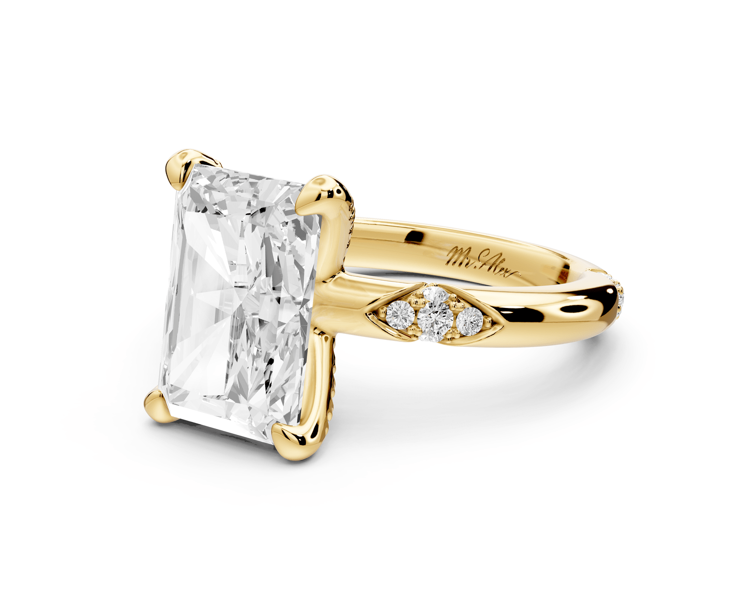 Luna - 4ct 18k yellow gold radiant Diamond Crown with Flush - Set Diamond Clusters Engagement Ring - Mr. Alex Jewelry