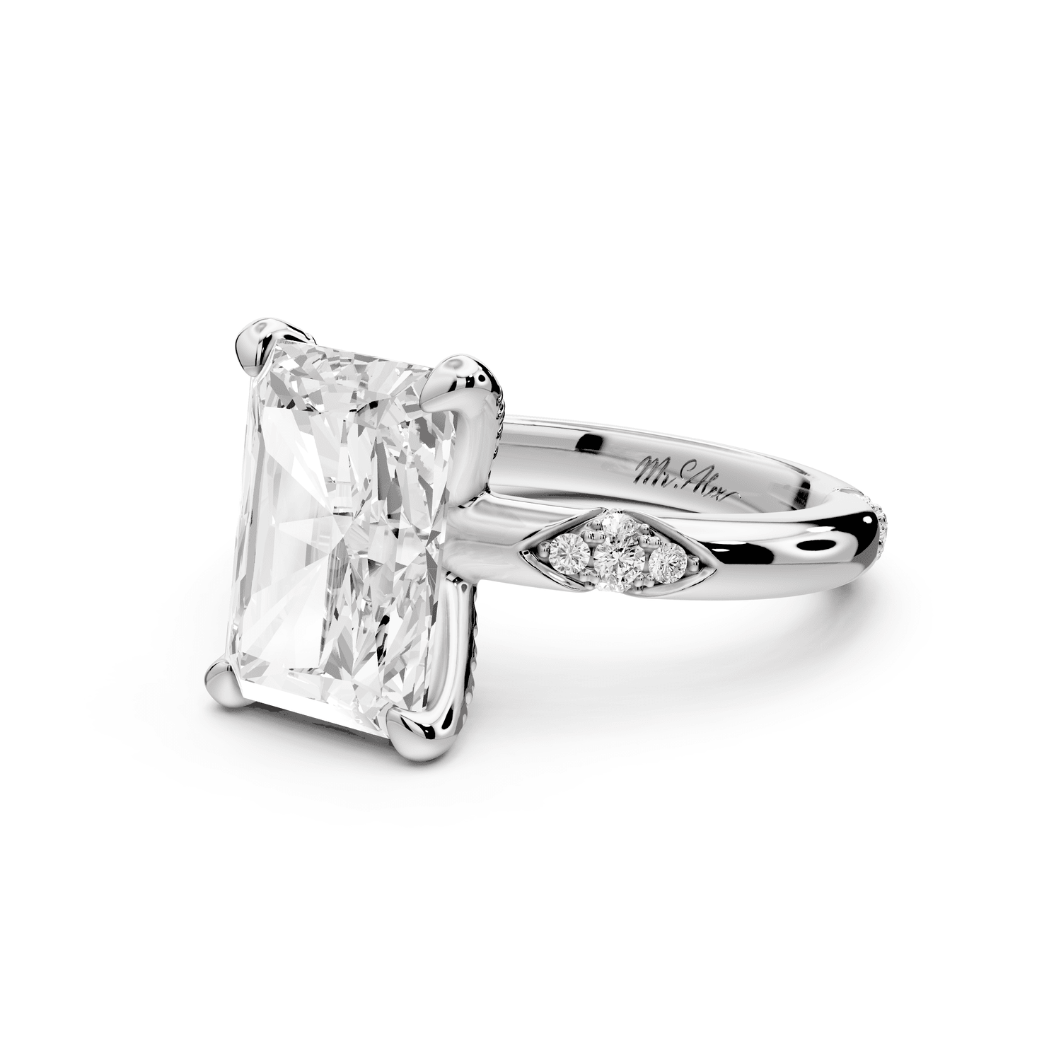 Luna - 4ct platinum radiant Diamond Crown with Flush - Set Diamond Clusters Engagement Ring - Mr. Alex Jewelry