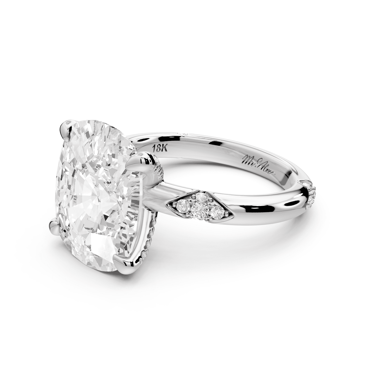 Luna - 5ct 14k white gold ecushion Diamond Crown with Flush - Set Diamond Clusters Engagement Ring - Mr. Alex Jewelry