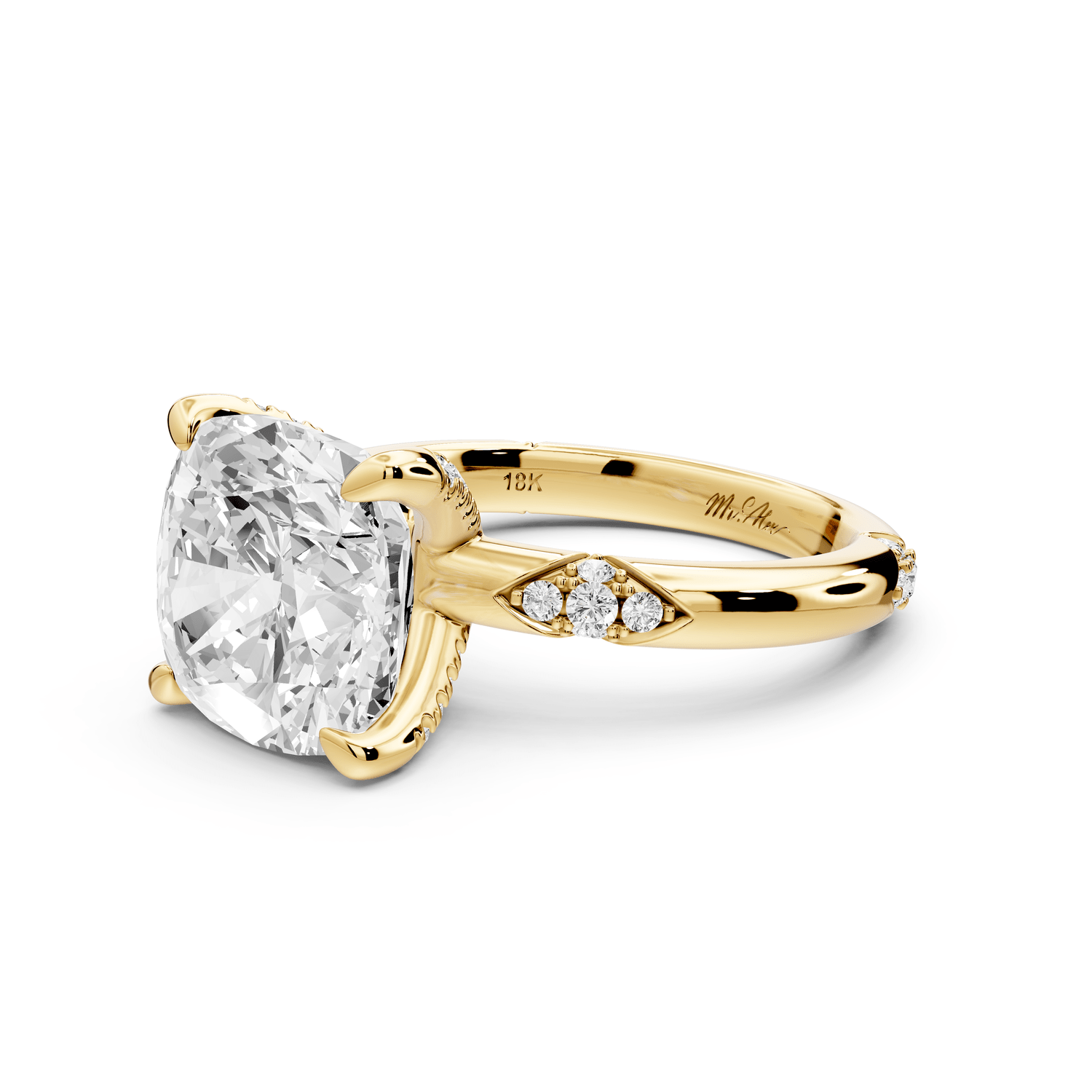 Luna - 5ct 14k yellow gold cushion Diamond Crown with Flush - Set Diamond Clusters Engagement Ring - Mr. Alex Jewelry