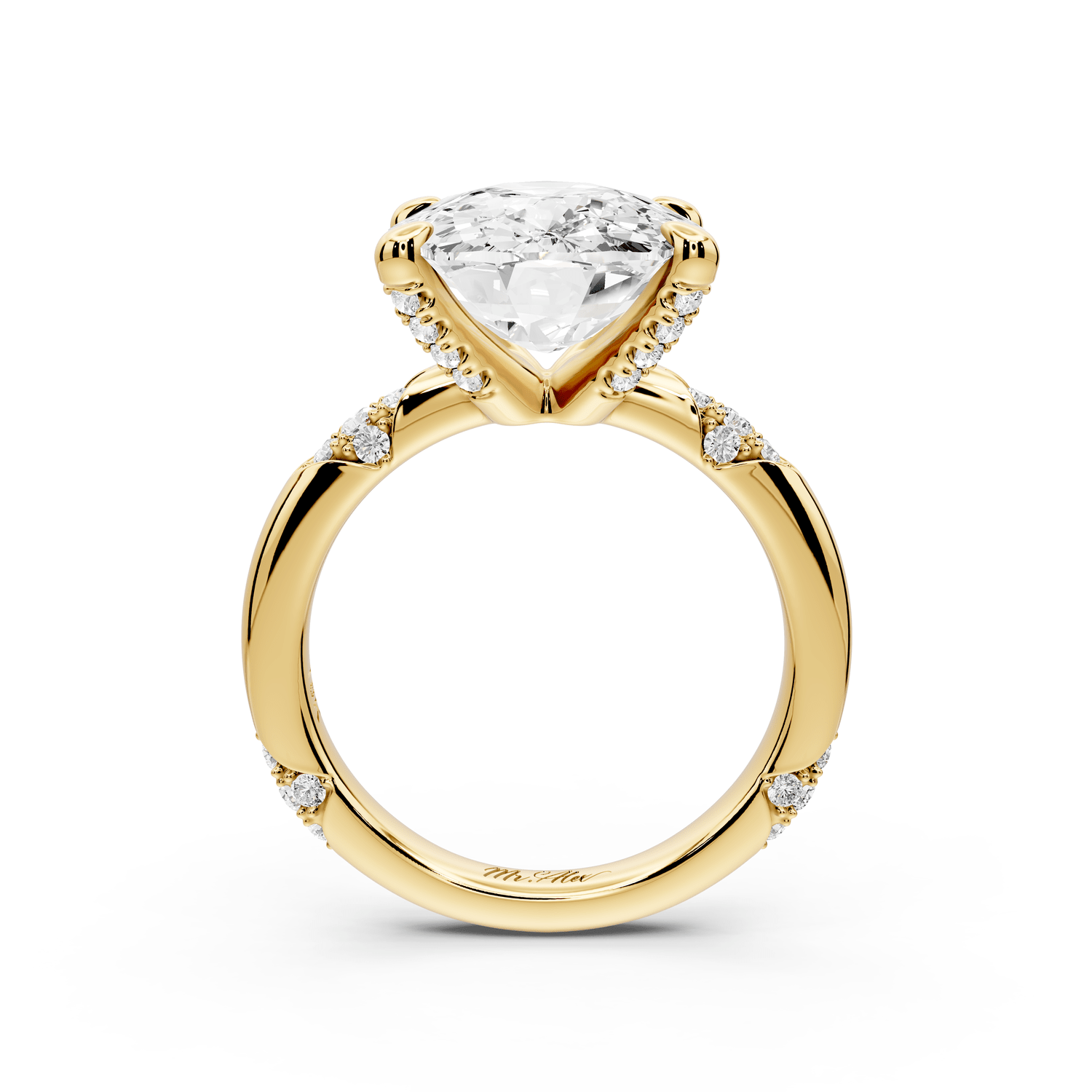 Luna - 5ct 14k yellow gold ecushion Diamond Crown with Flush - Set Diamond Clusters Engagement Ring - Mr. Alex Jewelry