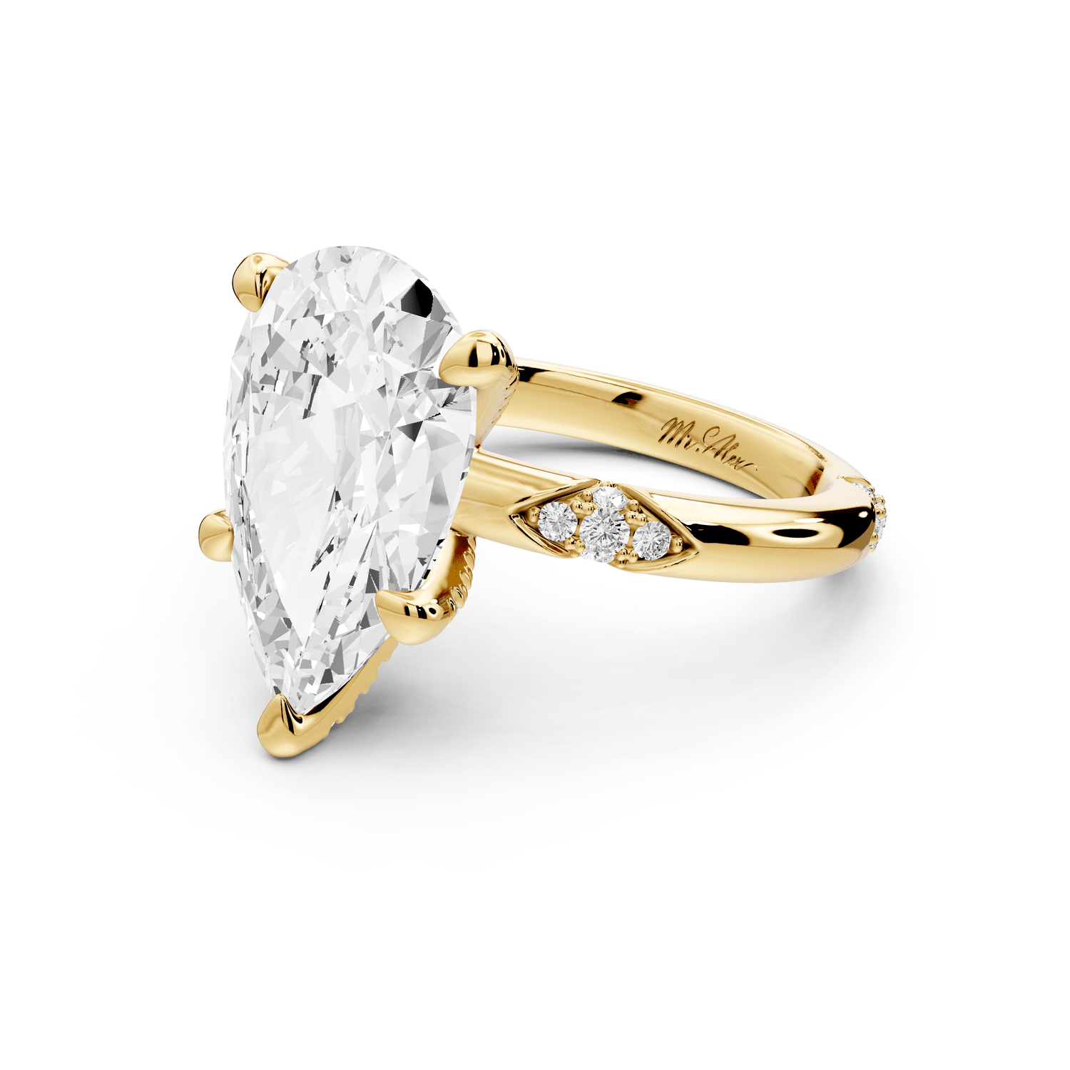 Luna - 5ct 14k yellow gold pear Diamond Crown with Flush - Set Diamond Clusters Engagement Ring - Mr. Alex Jewelry