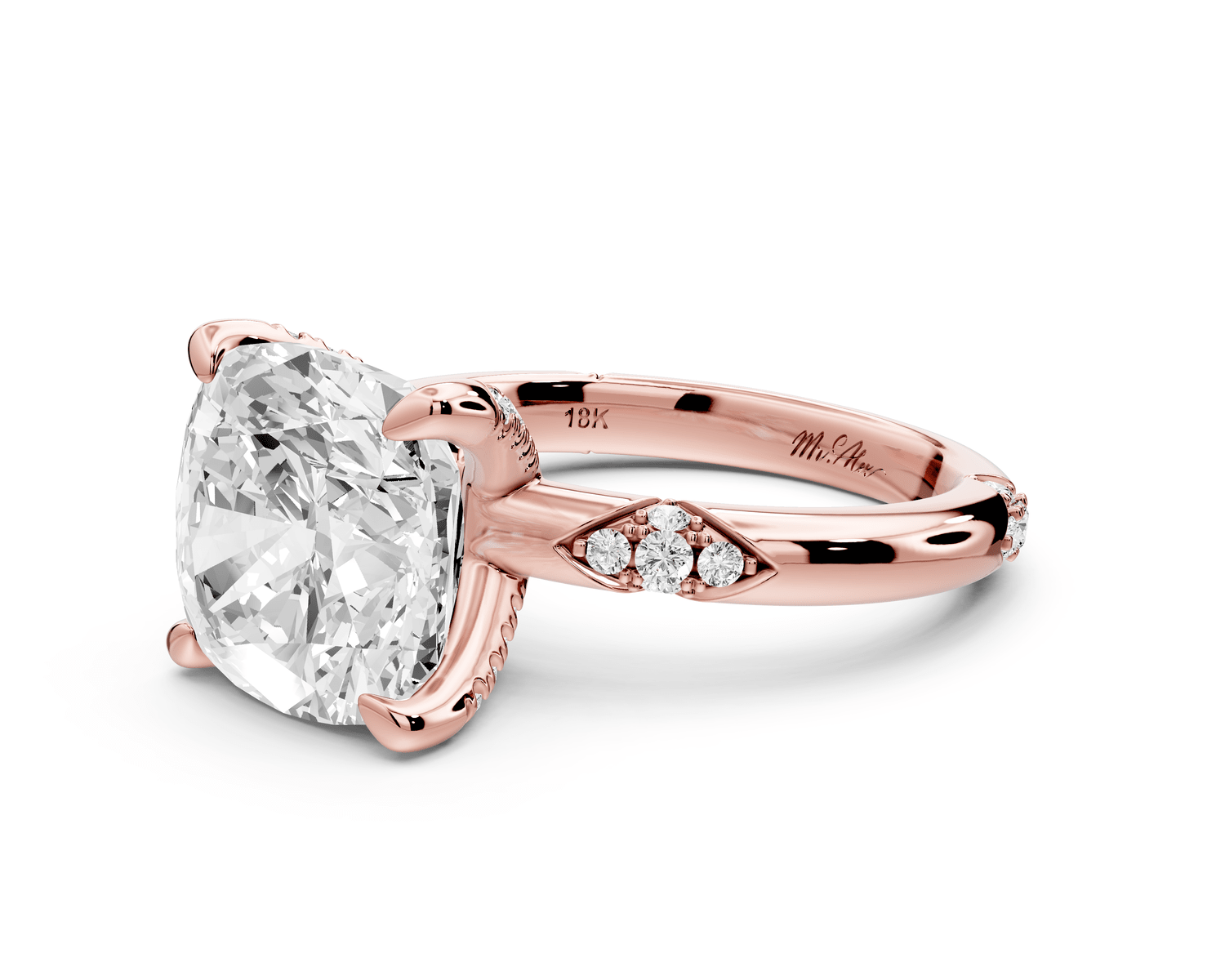Luna - 5ct 18k rose gold cushion Diamond Crown with Flush - Set Diamond Clusters Engagement Ring - Mr. Alex Jewelry