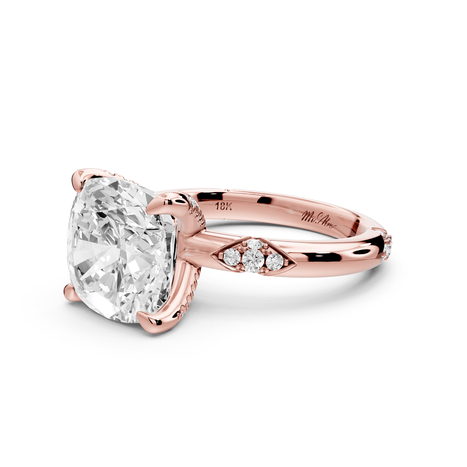 Luna - 5ct 18k rose gold cushion Diamond Crown with Flush - Set Diamond Clusters Engagement Ring - Mr. Alex Jewelry