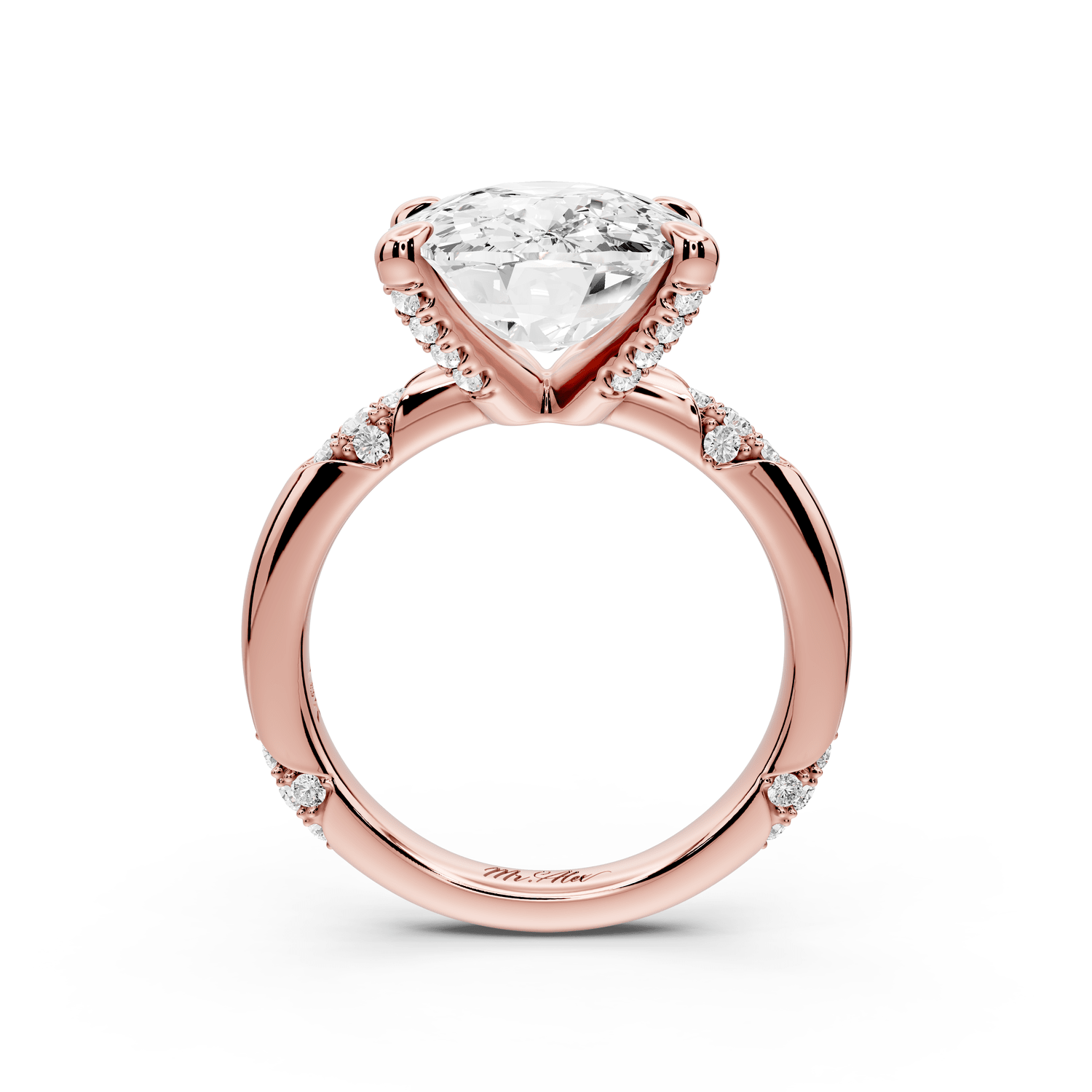 Luna - 5ct 18k rose gold ecushion Diamond Crown with Flush - Set Diamond Clusters Engagement Ring - Mr. Alex Jewelry