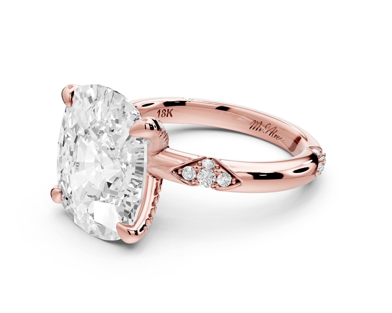 Luna - 5ct 18k rose gold ecushion Diamond Crown with Flush - Set Diamond Clusters Engagement Ring - Mr. Alex Jewelry