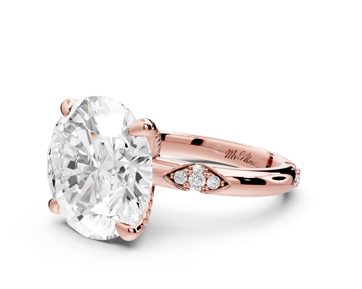 Luna - 5ct 18k rose gold oval Diamond Crown with Flush - Set Diamond Clusters Engagement Ring - Mr. Alex Jewelry