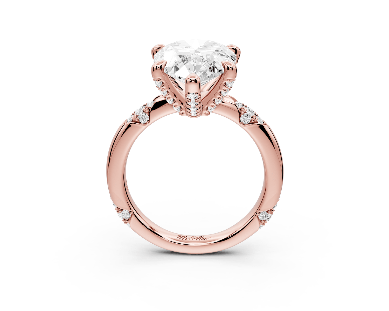 Luna - 5ct 18k rose gold pear Diamond Crown with Flush - Set Diamond Clusters Engagement Ring - Mr. Alex Jewelry