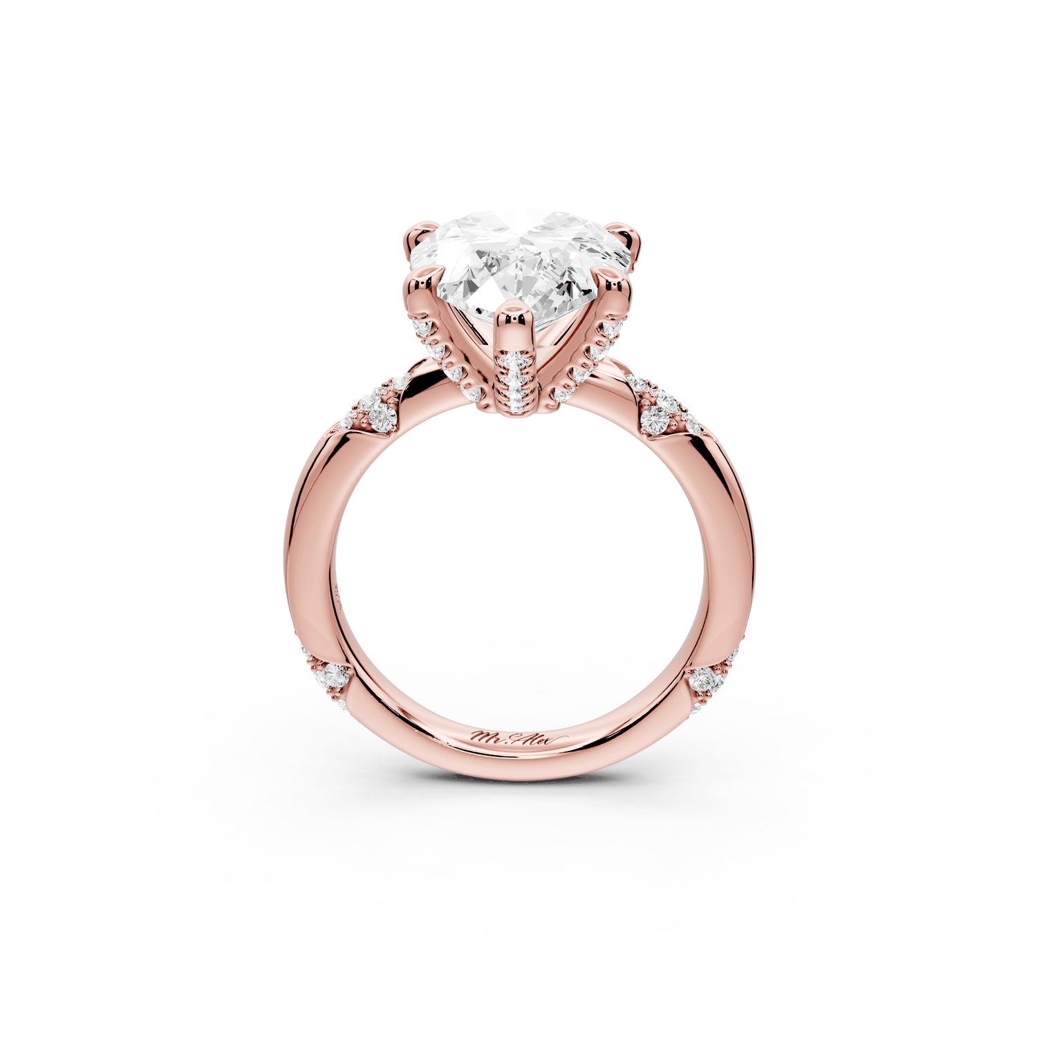 Luna - 5ct 18k rose gold pear Diamond Crown with Flush - Set Diamond Clusters Engagement Ring - Mr. Alex Jewelry