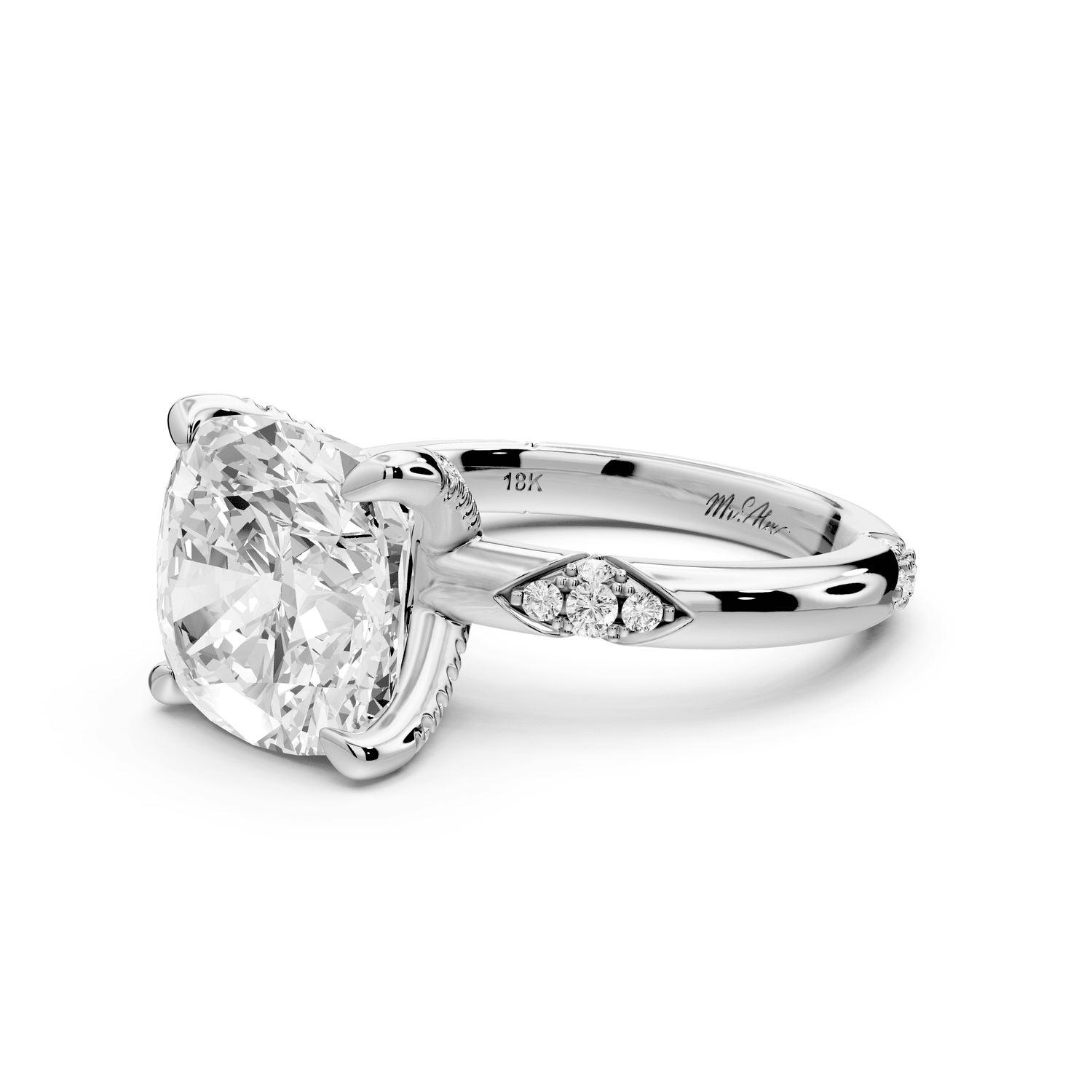 Luna - 5ct 18k white gold cushion Diamond Crown with Flush - Set Diamond Clusters Engagement Ring - Mr. Alex Jewelry