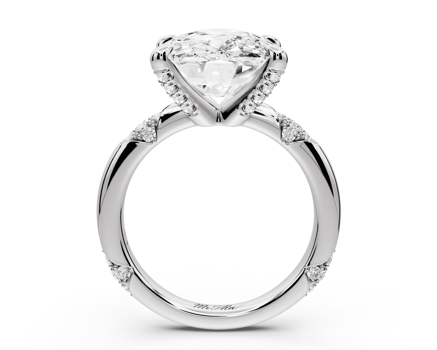 Luna - 5ct 18k white gold ecushion Diamond Crown with Flush - Set Diamond Clusters Engagement Ring - Mr. Alex Jewelry