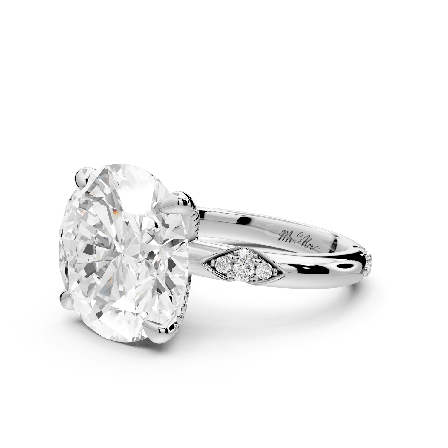 Luna - 5ct 18k white gold oval Diamond Crown with Flush - Set Diamond Clusters Engagement Ring - Mr. Alex Jewelry