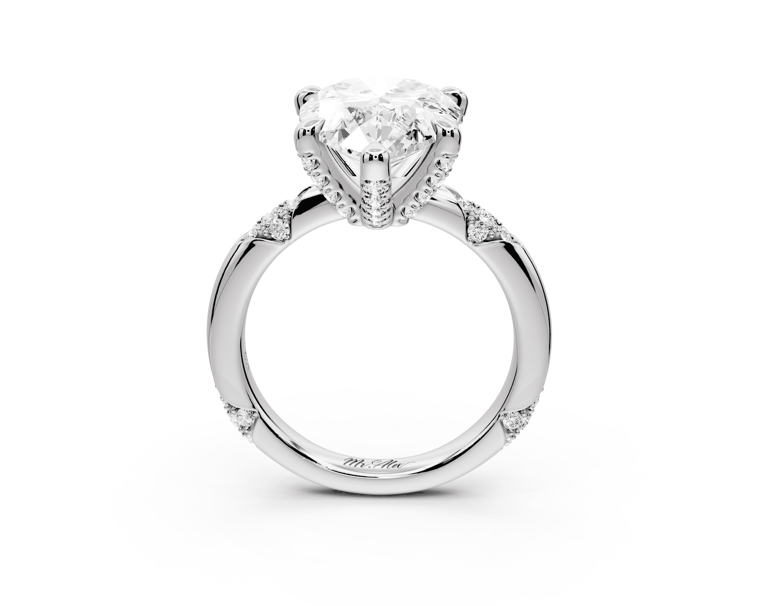 Luna - 5ct 18k white gold pear Diamond Crown with Flush - Set Diamond Clusters Engagement Ring - Mr. Alex Jewelry
