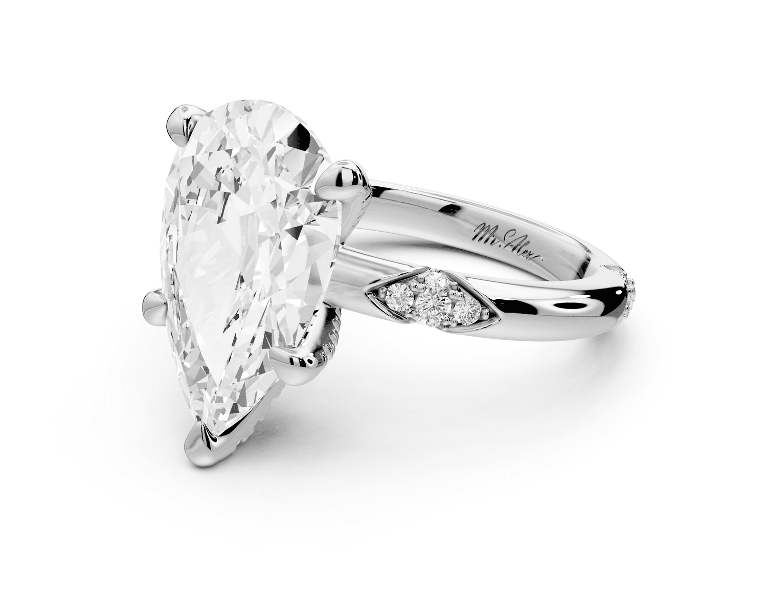 Luna - 5ct 18k white gold pear Diamond Crown with Flush - Set Diamond Clusters Engagement Ring - Mr. Alex Jewelry