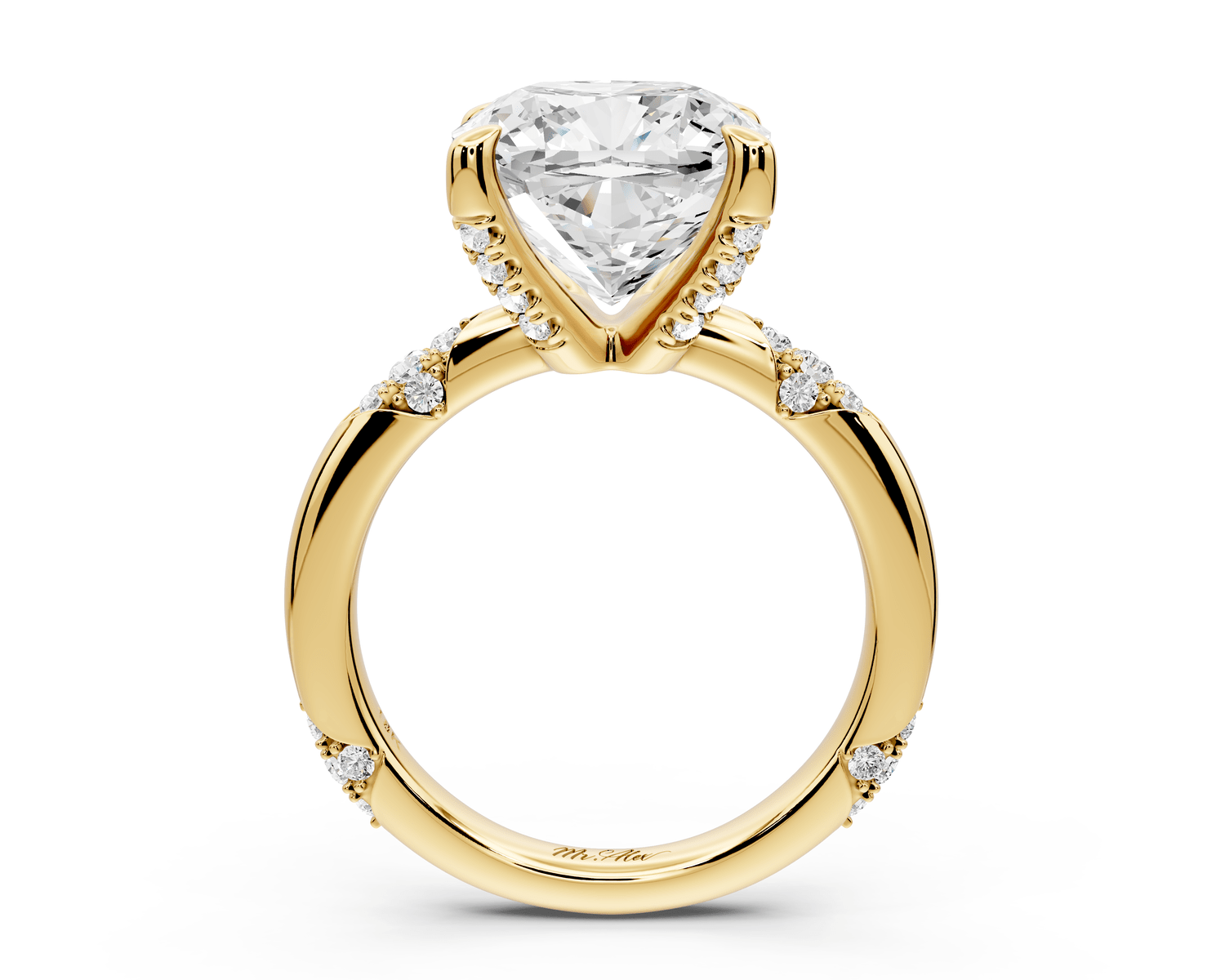 Luna - 5ct 18k yellow gold cushion Diamond Crown with Flush - Set Diamond Clusters Engagement Ring - Mr. Alex Jewelry