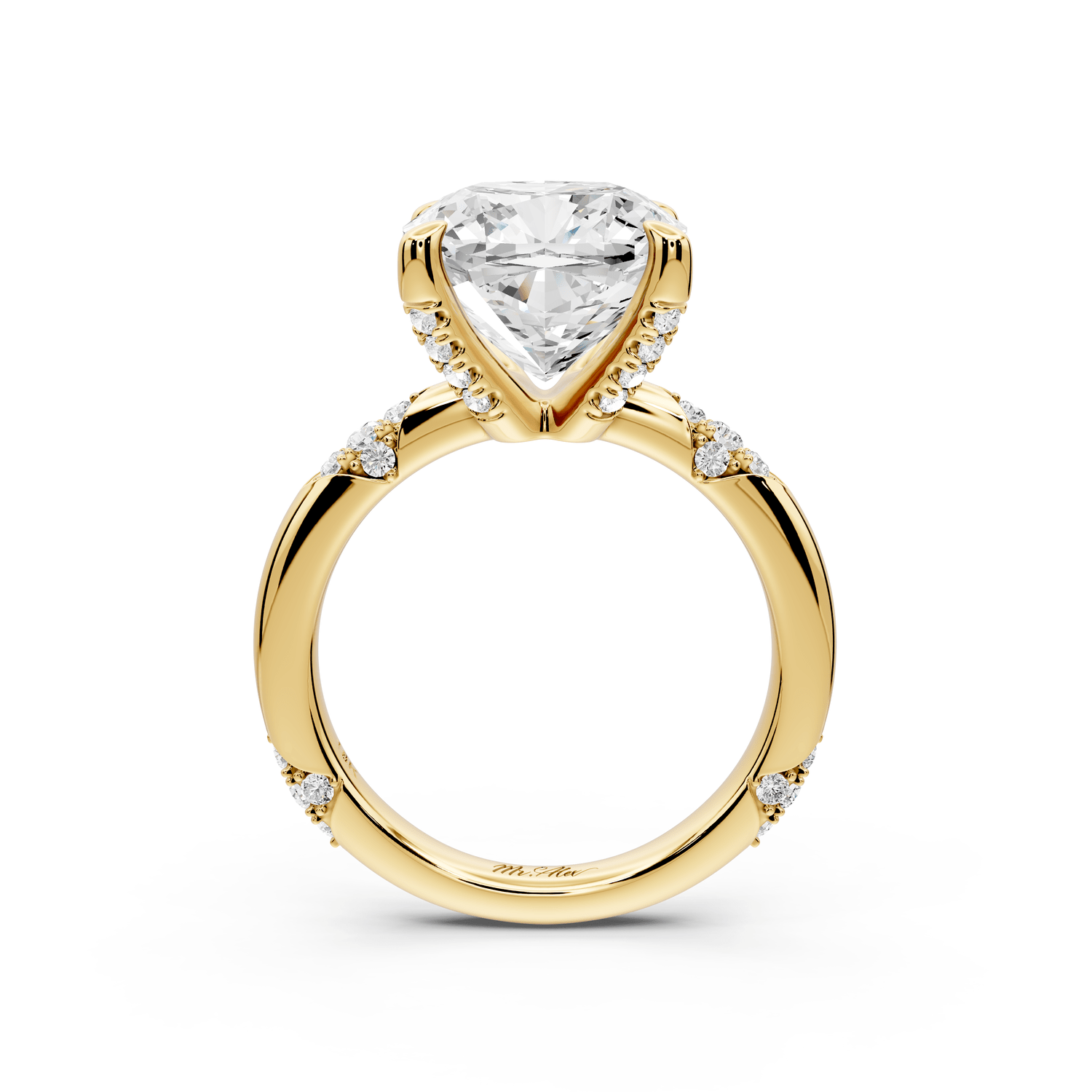 Luna - 5ct 18k yellow gold cushion Diamond Crown with Flush - Set Diamond Clusters Engagement Ring - Mr. Alex Jewelry