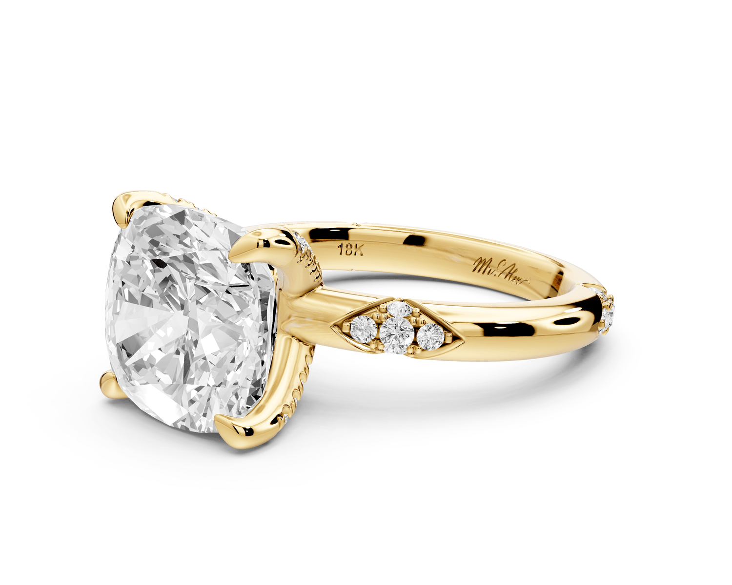 Luna - 5ct 18k yellow gold cushion Diamond Crown with Flush - Set Diamond Clusters Engagement Ring - Mr. Alex Jewelry