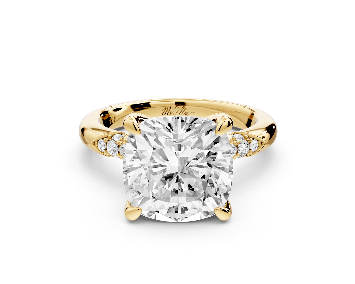 Luna - 5ct 18k yellow gold cushion Diamond Crown with Flush - Set Diamond Clusters Engagement Ring - Mr. Alex Jewelry