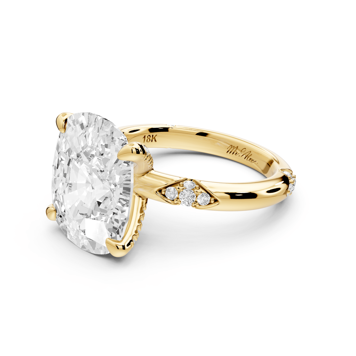Luna - 5ct 18k yellow gold ecushion Diamond Crown with Flush - Set Diamond Clusters Engagement Ring - Mr. Alex Jewelry