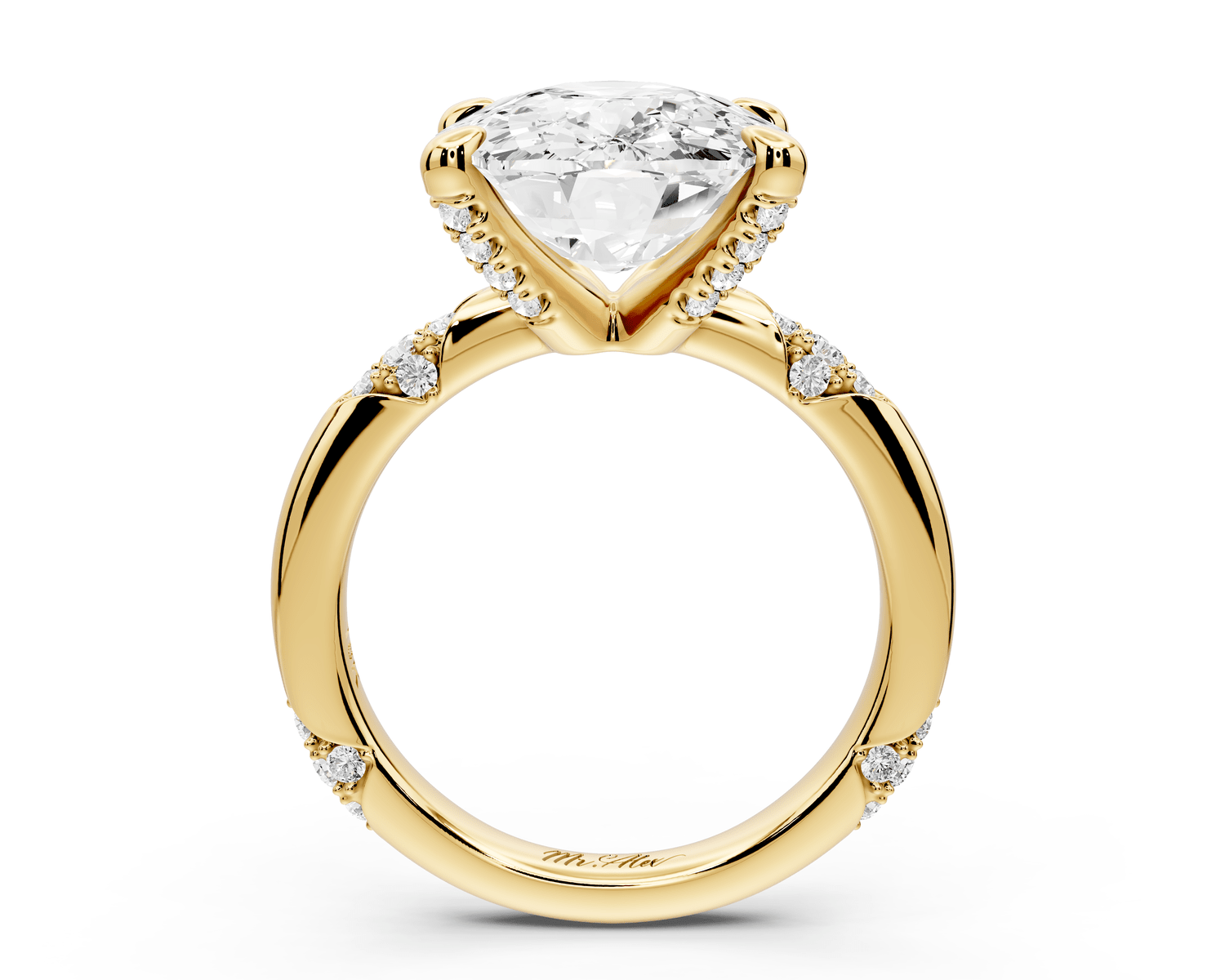 Luna - 5ct 18k yellow gold ecushion Diamond Crown with Flush - Set Diamond Clusters Engagement Ring - Mr. Alex Jewelry
