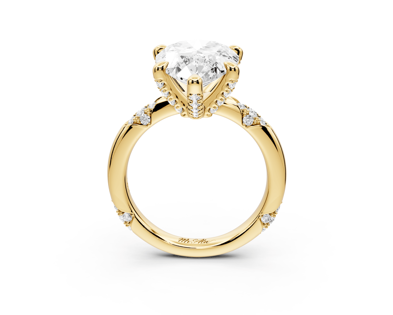 Luna - 5ct 18k yellow gold pear Diamond Crown with Flush - Set Diamond Clusters Engagement Ring - Mr. Alex Jewelry