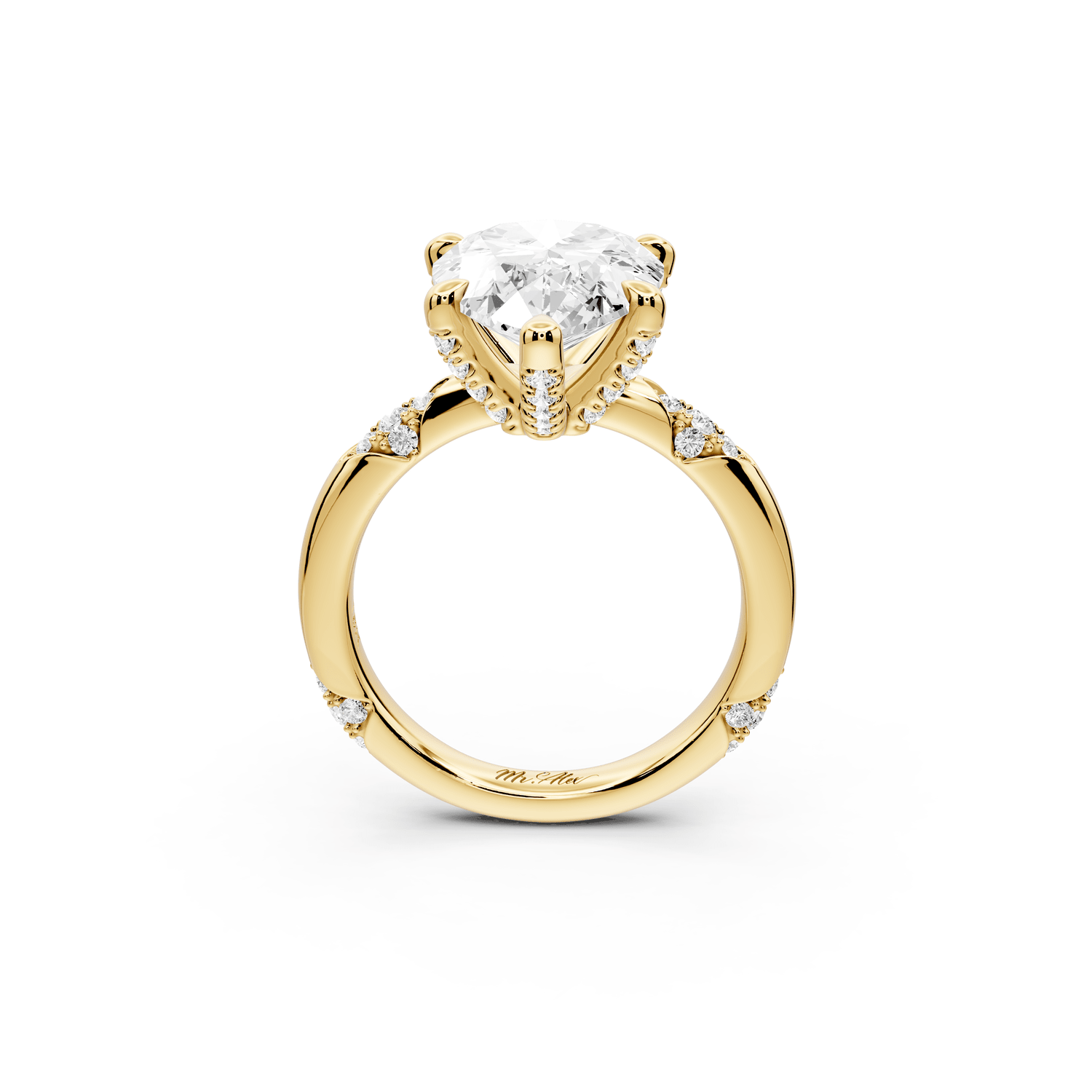 Luna - 5ct 18k yellow gold pear Diamond Crown with Flush - Set Diamond Clusters Engagement Ring - Mr. Alex Jewelry