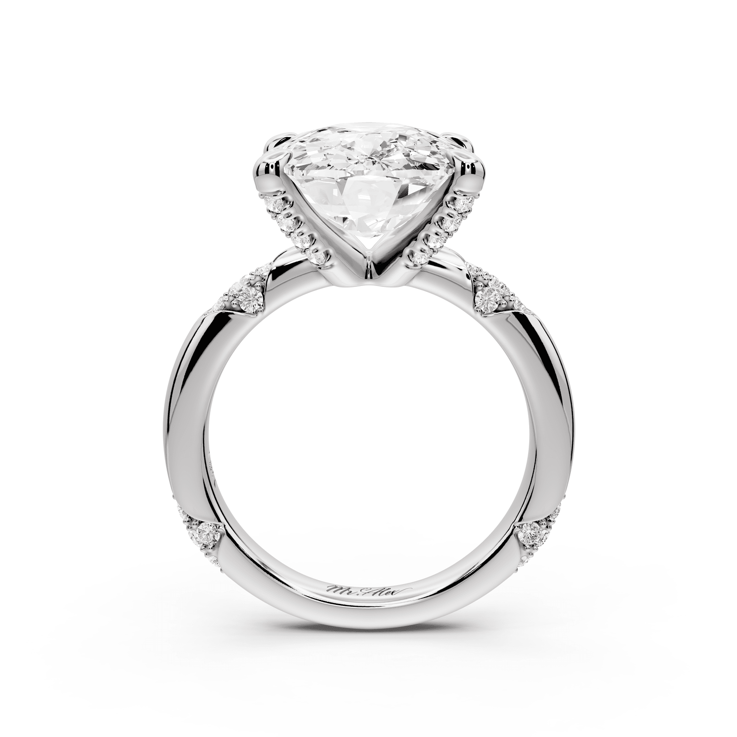 Luna - 5ct platinum ecushion Diamond Crown with Flush - Set Diamond Clusters Engagement Ring - Mr. Alex Jewelry