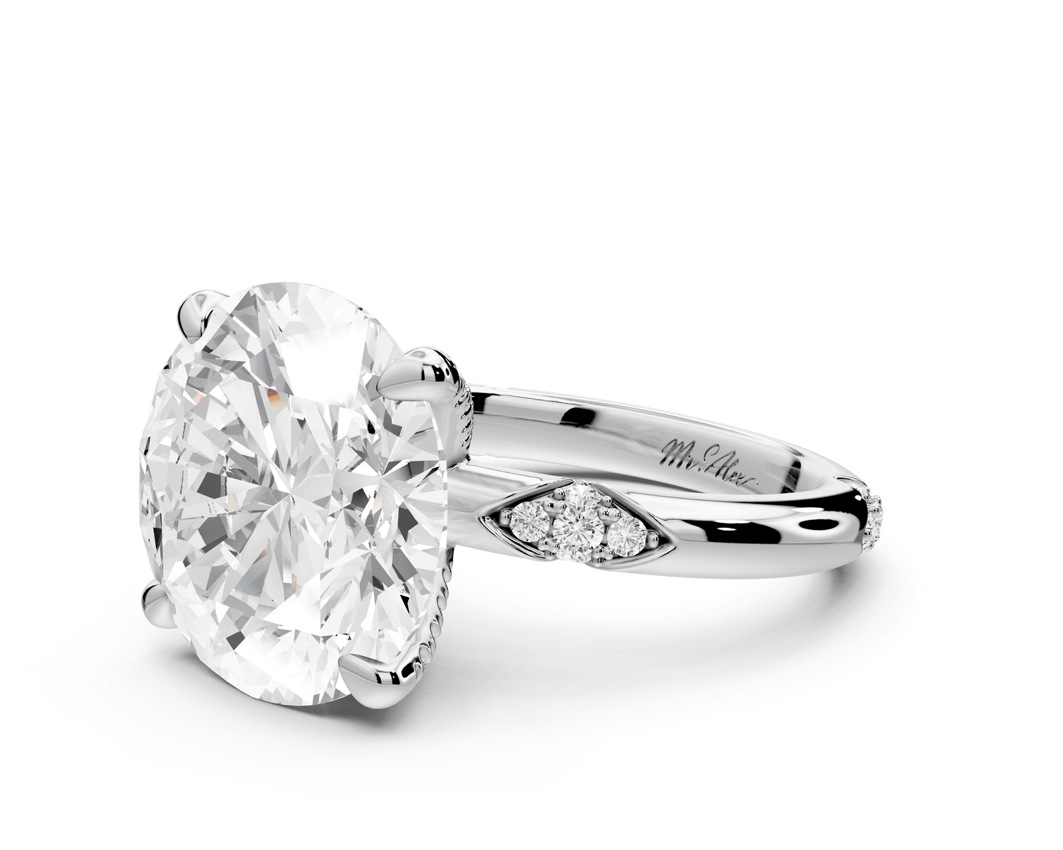 Luna - 5ct platinum oval Diamond Crown with Flush - Set Diamond Clusters Engagement Ring - Mr. Alex Jewelry