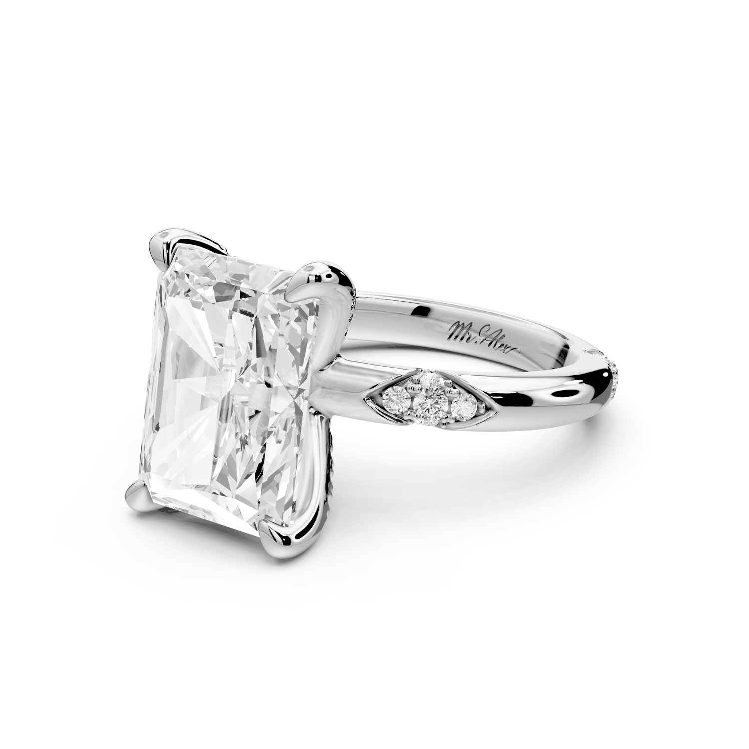 Luna - 5ct platinum radiant Diamond Crown with Flush - Set Diamond Clusters Engagement Ring - Mr. Alex Jewelry