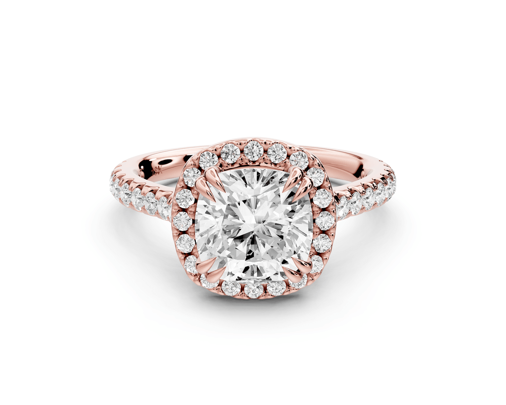 Marcella - 2ct 14k rose gold cushion halo double talon prong cathedral pavé engagement ring - Mr. Alex Jewelry
