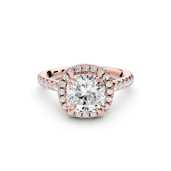 Marcella - 2ct 14k rose gold cushion halo double talon prong cathedral pavé engagement ring - Mr. Alex Jewelry