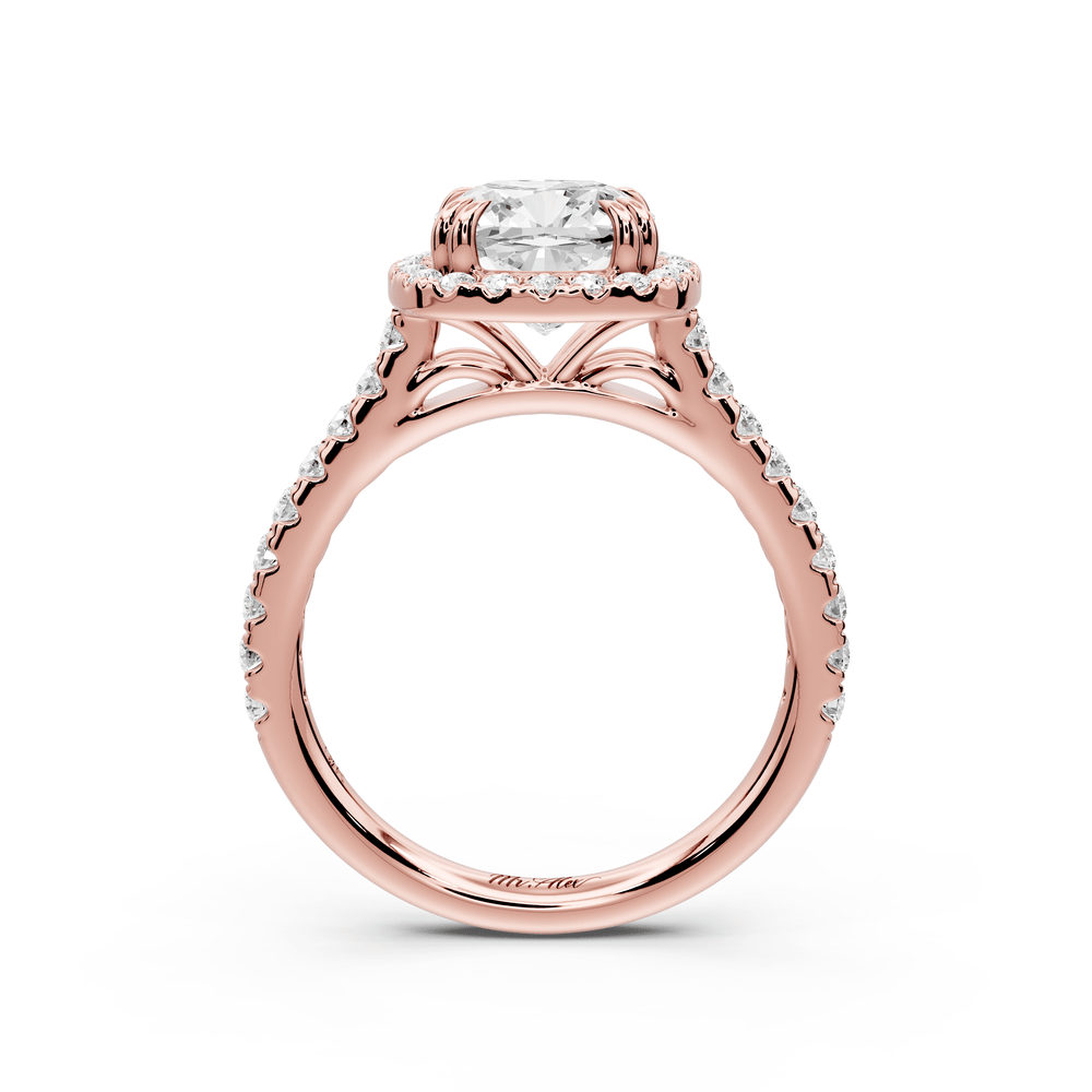 Marcella - 2ct 14k rose gold cushion halo double talon prong cathedral pavé engagement ring - Mr. Alex Jewelry