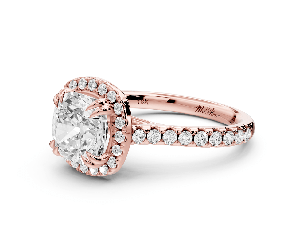 Marcella - 2ct 14k rose gold cushion halo double talon prong cathedral pavé engagement ring - Mr. Alex Jewelry