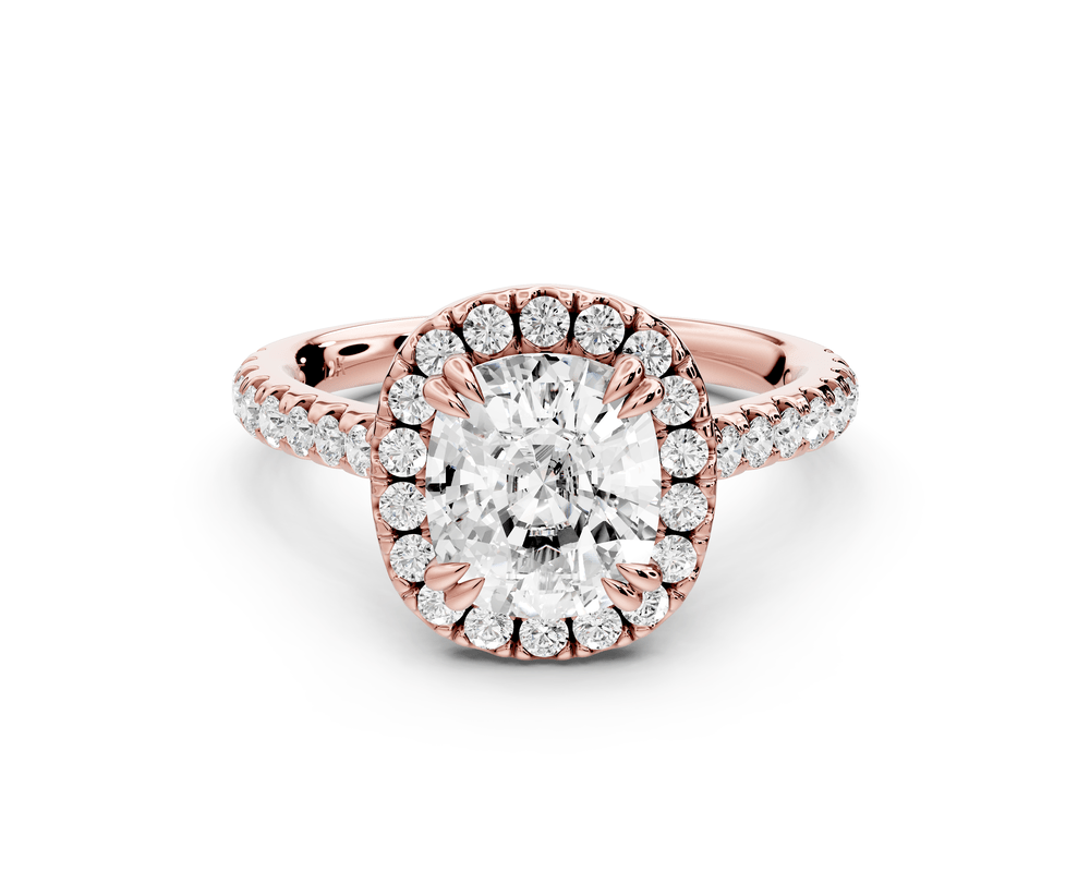 Marcella - 2ct 14k rose gold ecushion halo double talon prong cathedral pavé engagement ring - Mr. Alex Jewelry