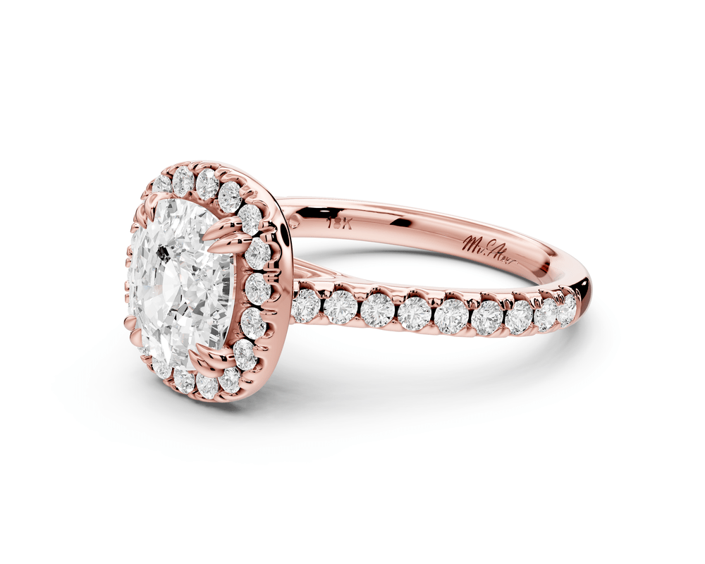 Marcella - 2ct 14k rose gold ecushion halo double talon prong cathedral pavé engagement ring - Mr. Alex Jewelry