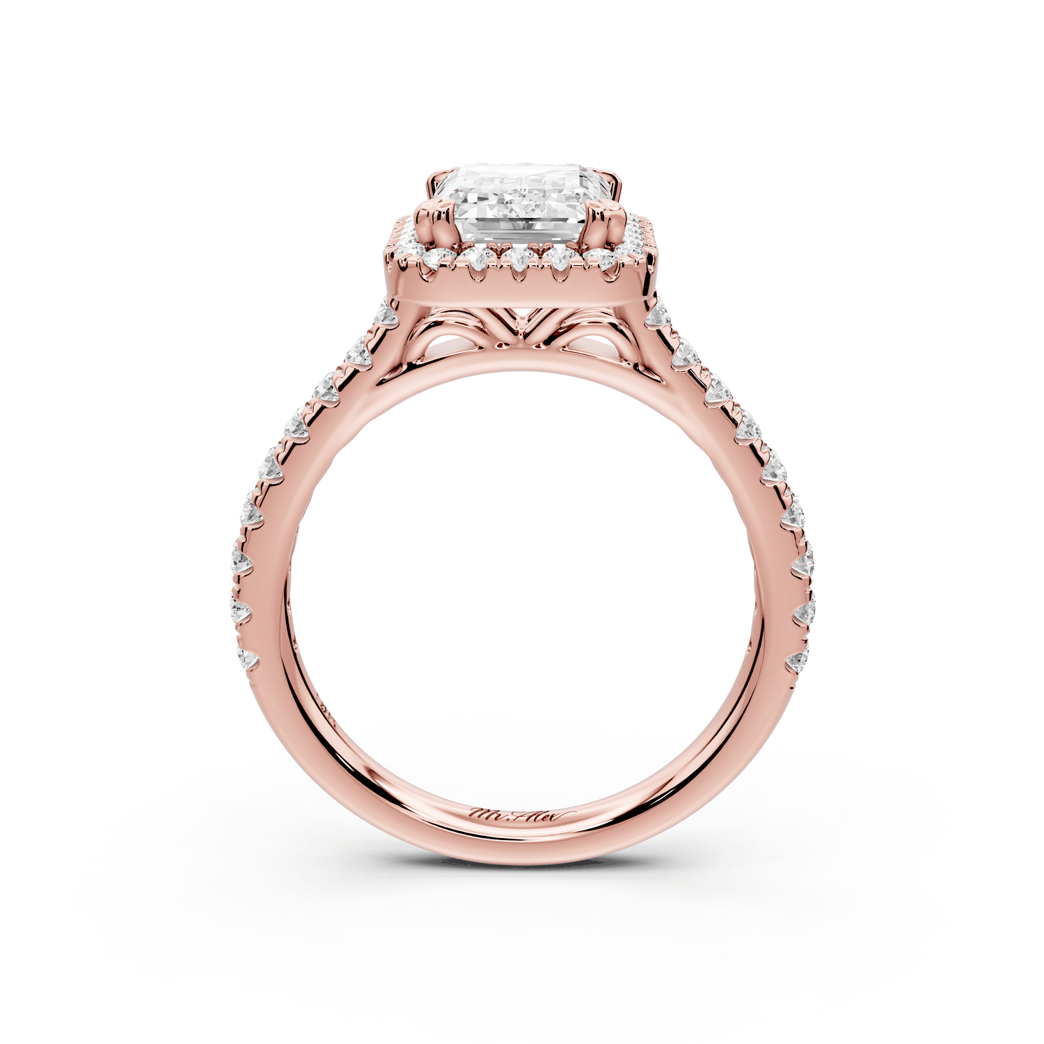 Marcella - 2ct 14k rose gold emerald halo double talon prong cathedral pavé engagament ring - Mr. Alex Jewelry