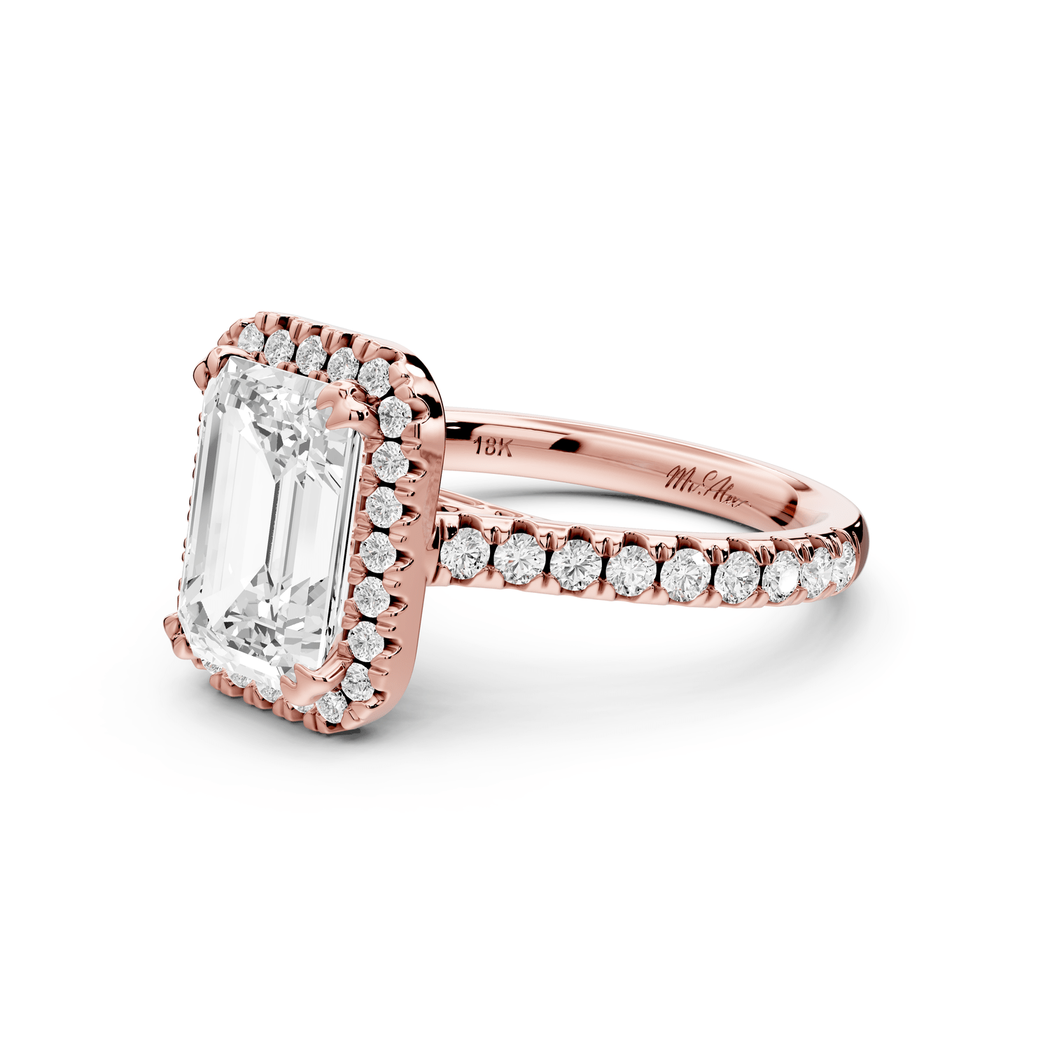 Marcella - 2ct 14k rose gold emerald halo double talon prong cathedral pavé engagament ring - Mr. Alex Jewelry