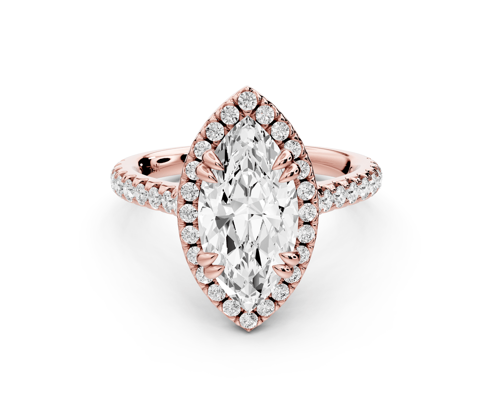 Marcella - 2ct 14k rose gold marquise halo double talon prong cathedral pavé engagement ring - Mr. Alex Jewelry