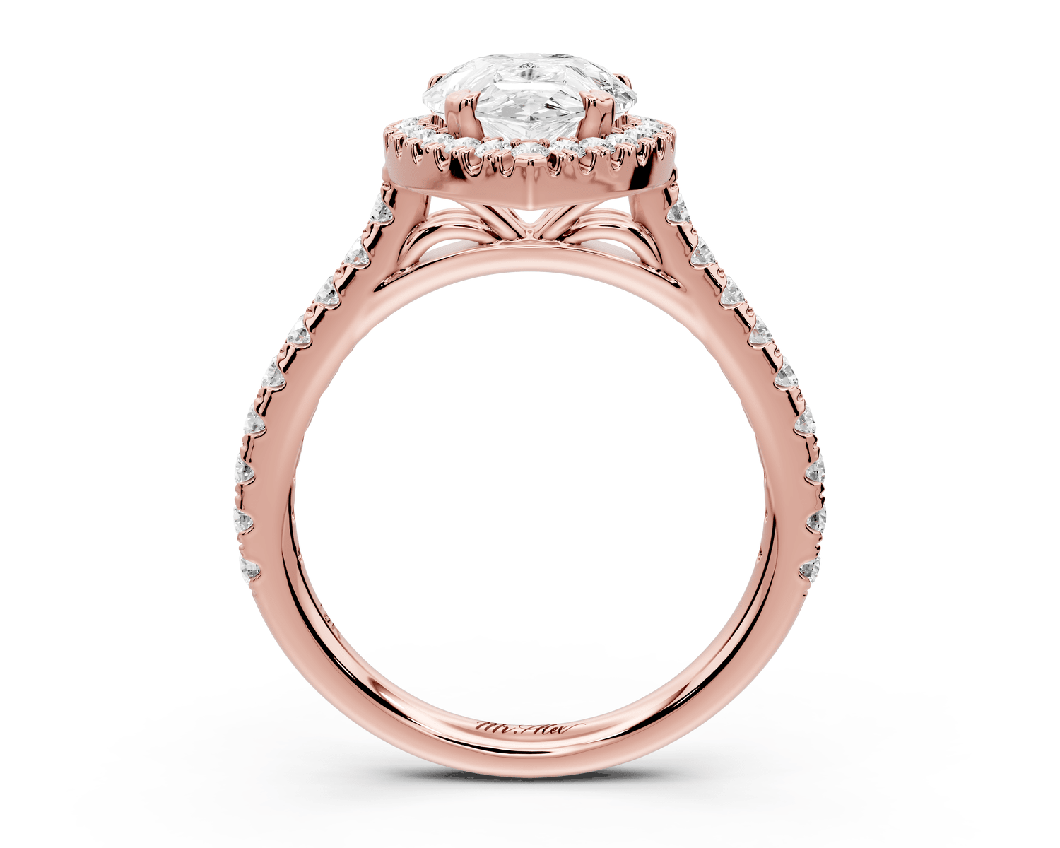 Marcella - 2ct 14k rose gold pear halo double talon prong cathedral pavé engagament ring - Mr. Alex Jewelry