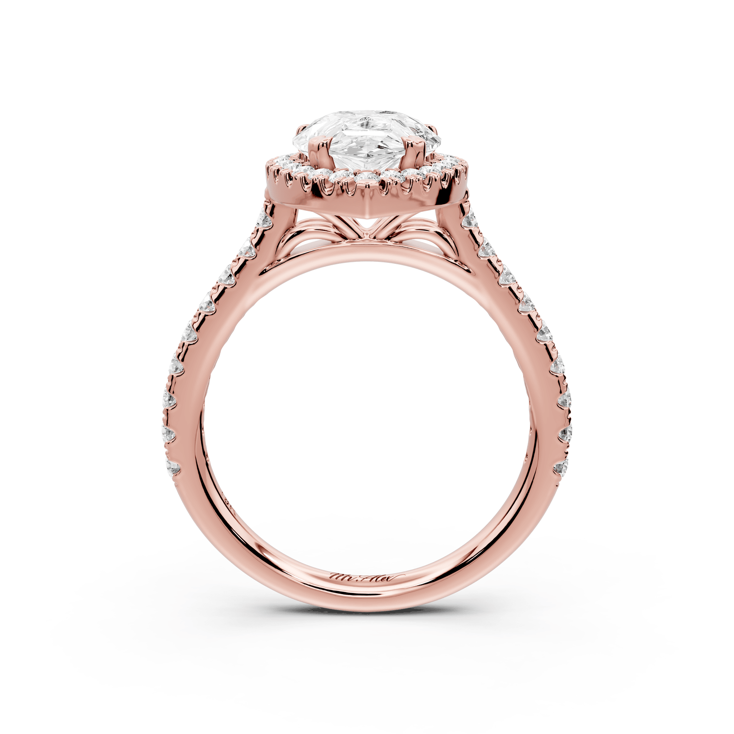 Marcella - 2ct 14k rose gold pear halo double talon prong cathedral pavé engagament ring - Mr. Alex Jewelry