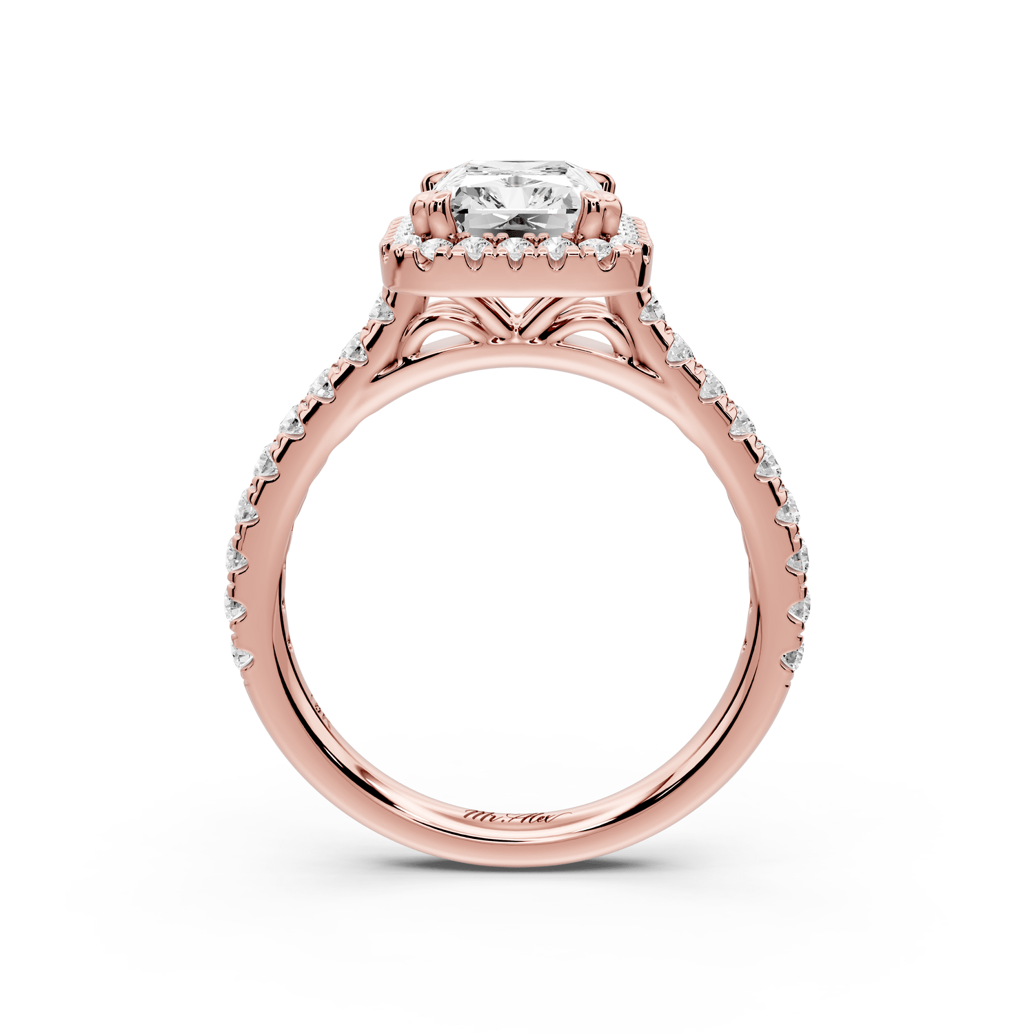 Marcella - 2ct 14k rose gold radiant halo double talon prong cathedral pavé engagement ring - Mr. Alex Jewelry
