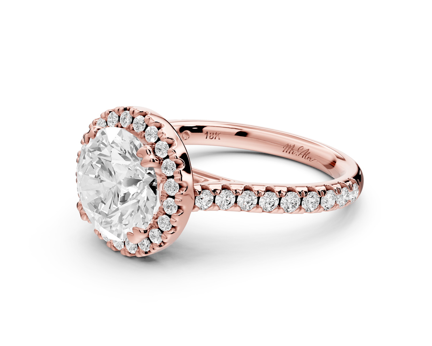 Marcella - 2ct 14k rose gold round halo double talon prong cathedral pavé engagement ring - Mr. Alex Jewelry