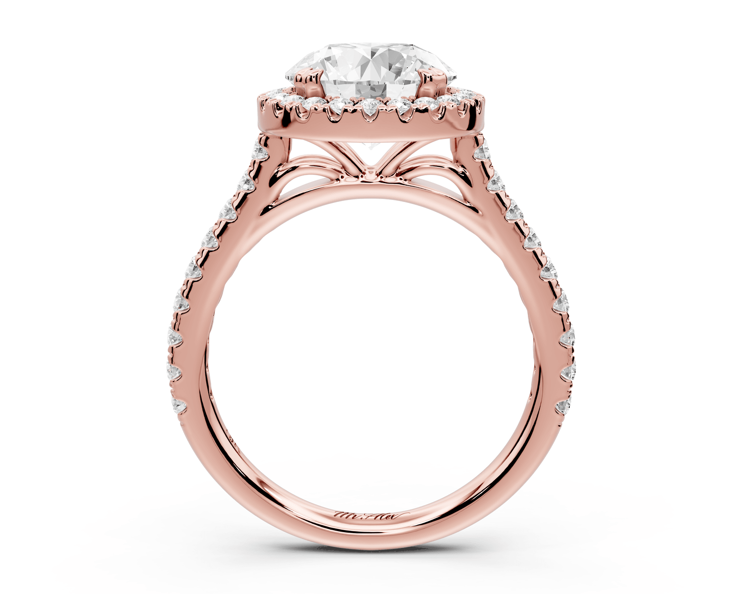 Marcella - 2ct 14k rose gold round halo double talon prong cathedral pavé engagement ring - Mr. Alex Jewelry