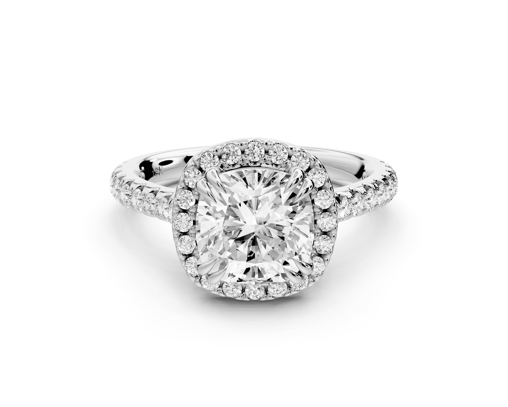 Marcella - 2ct 14k white gold cushion halo double talon prong cathedral pavé engagement ring - Mr. Alex Jewelry