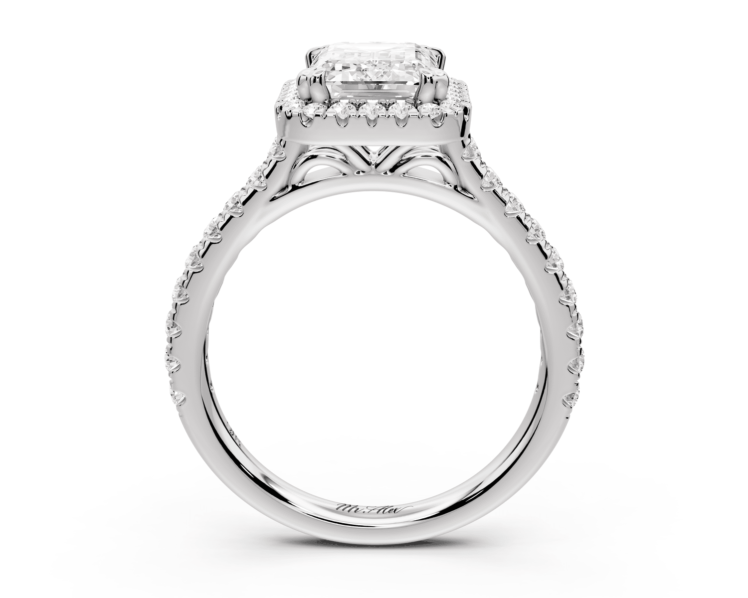Marcella - 2ct 14k white gold emerald halo double talon prong cathedral pavé engagament ring - Mr. Alex Jewelry
