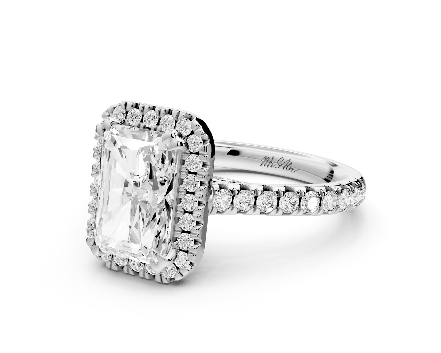 Marcella - 2ct 14k white gold radiant halo double talon prong cathedral pavé engagement ring - Mr. Alex Jewelry